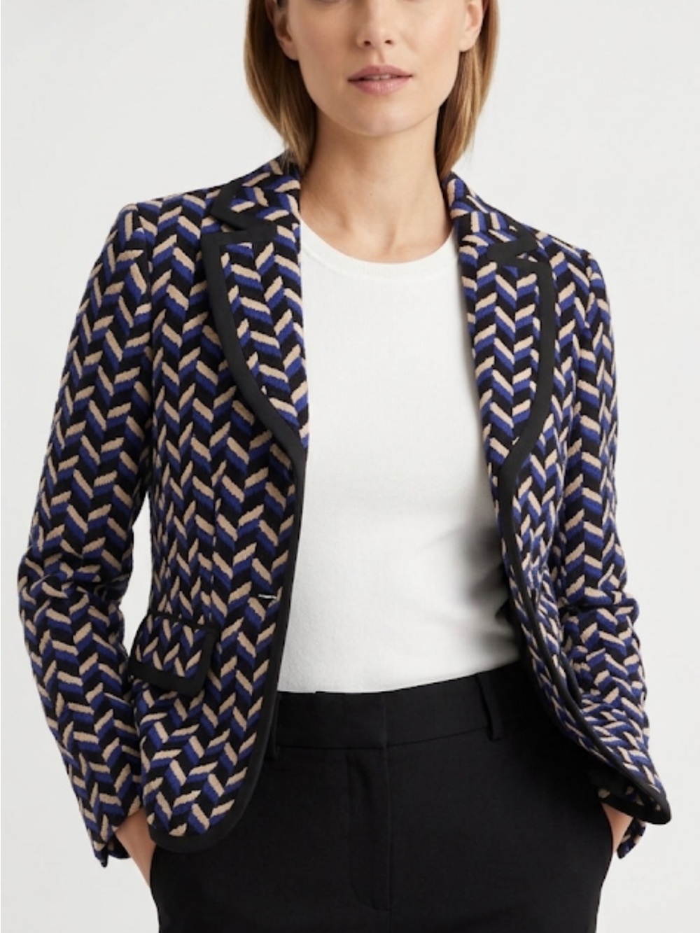 ANNE KLEIN Suit Separates Multi Coloured Chevron Print Open Front Blazer